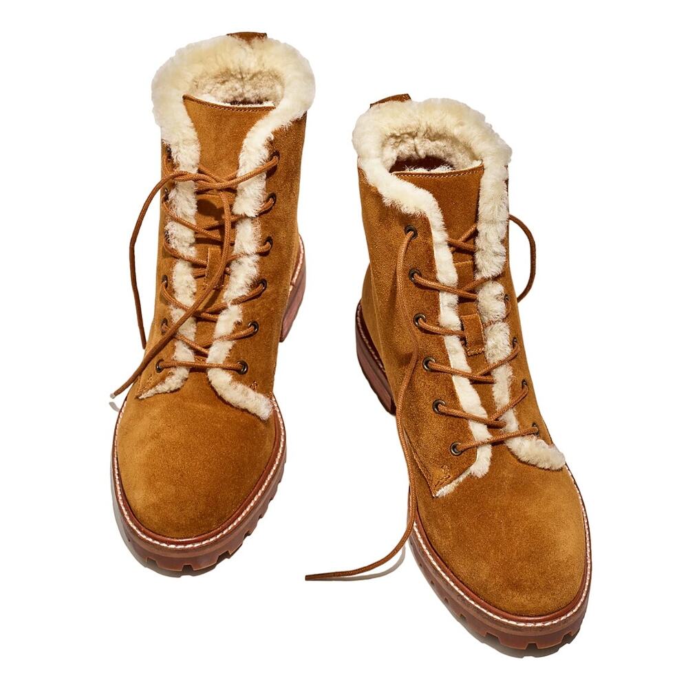 MADEWELL Clair Shearling-Lined Suede Lace-Up Boot Equestrian Brown 8 EUC